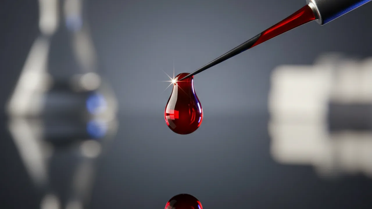 A drop of blood on the tip of a laboratory micropipette