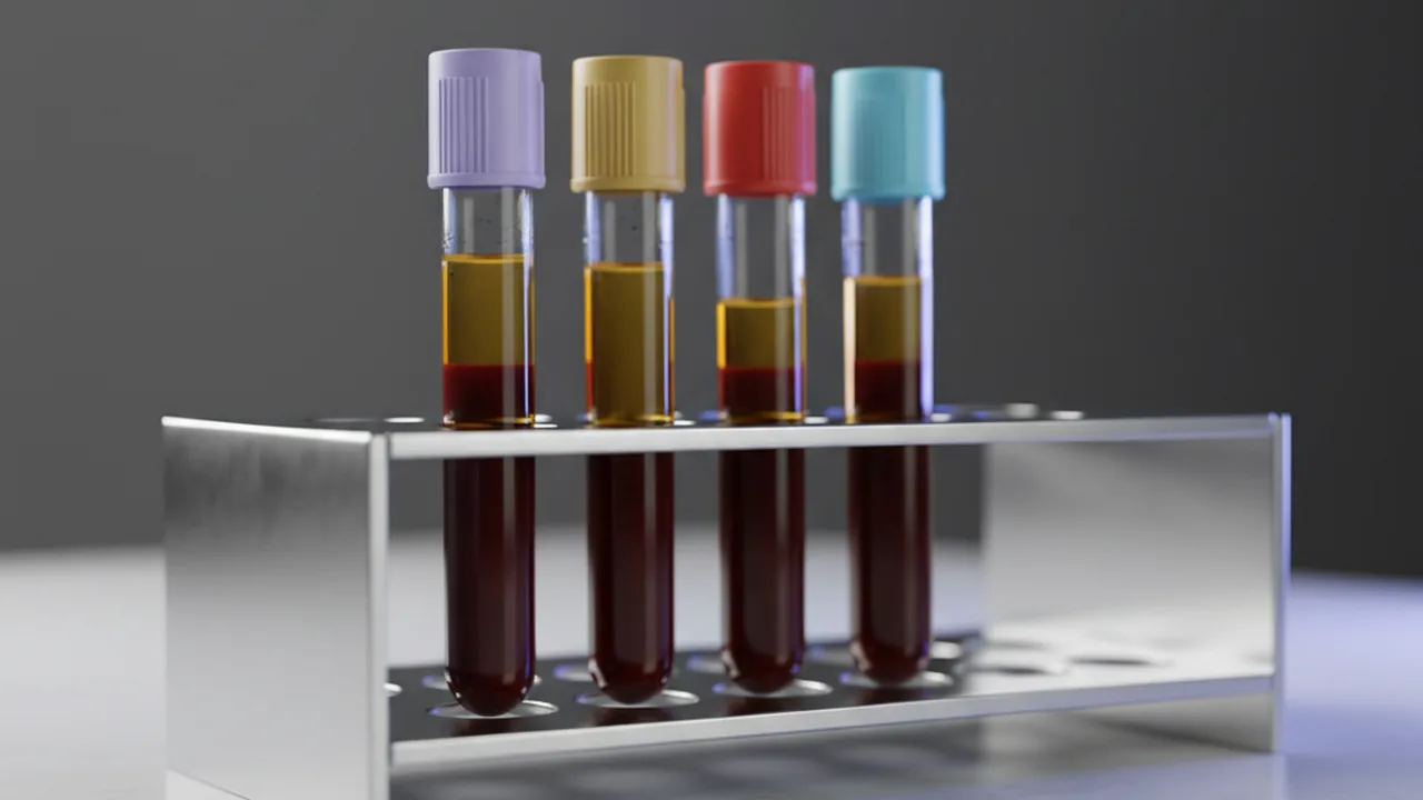 Vacutainer tubes of blood and serum in a laboratory rack