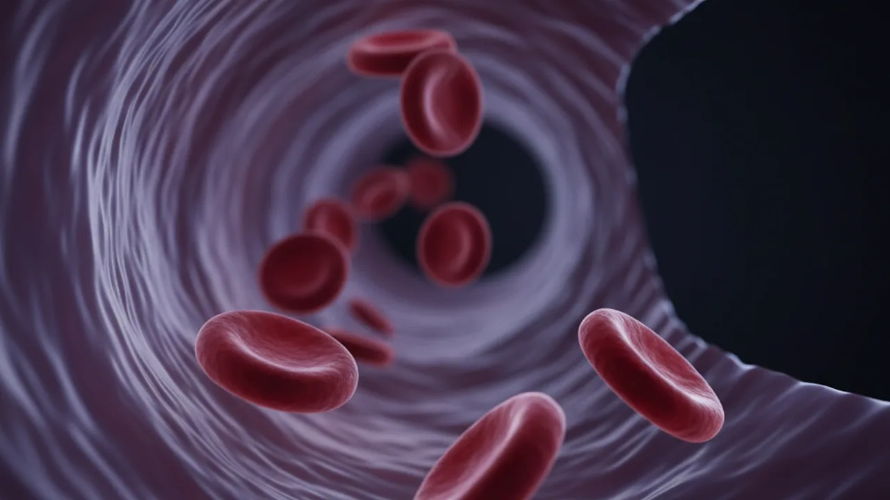Red blood cells in the lumen of a blood vessel, with the endothelium lining the inner wall