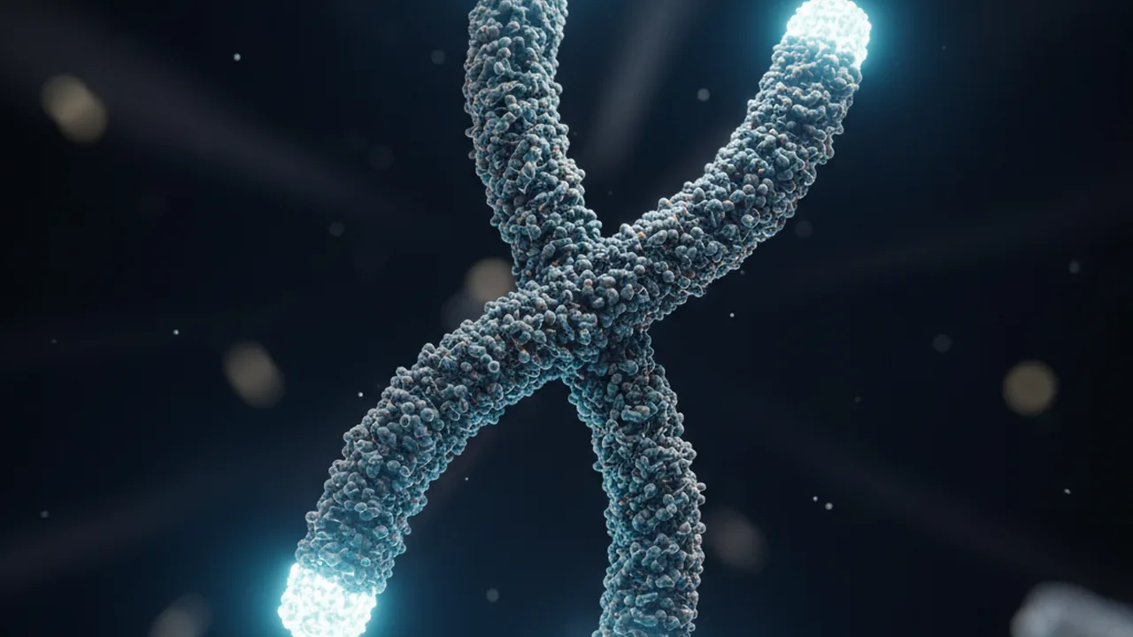 A 3D model of a chromosome with glowing telomere caps at its ends