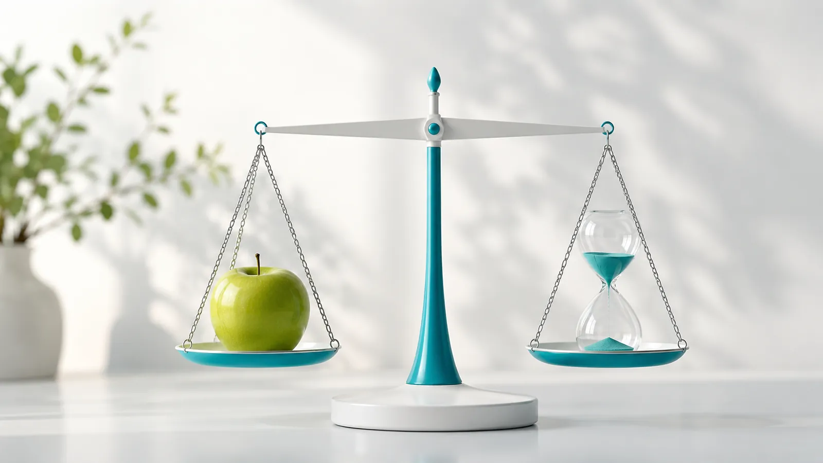 A balance scale: a green apple against an hourglass — the balance of weight and biological time