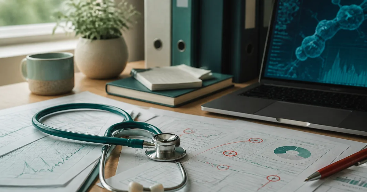 A physician's hands reviewing printed lab charts and a laptop with a medical formula on screen