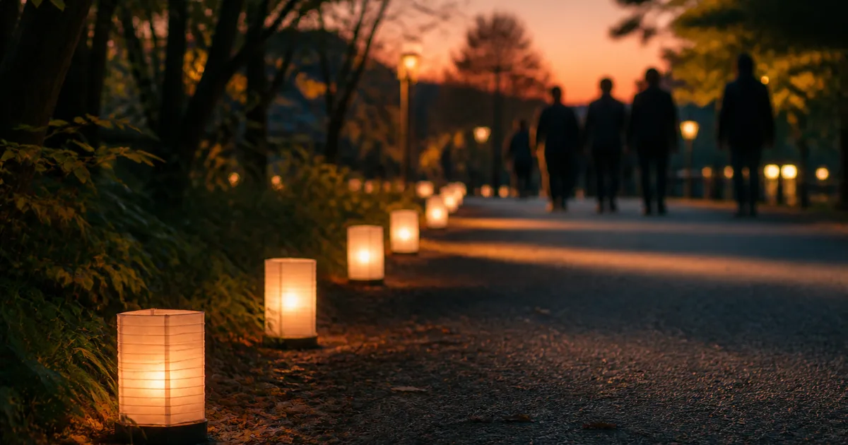 Small paper lanterns lit at dusk along a path, several people walking together