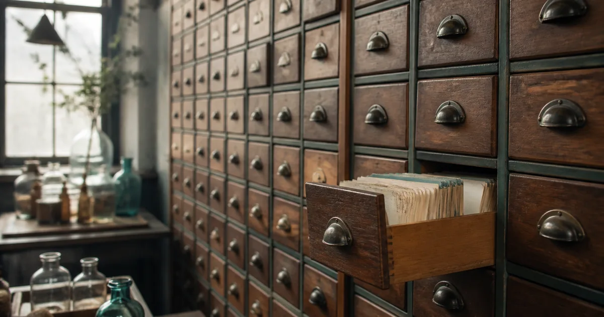 A wall of small labelled drawers, like an apothecary cabinet, one drawer open