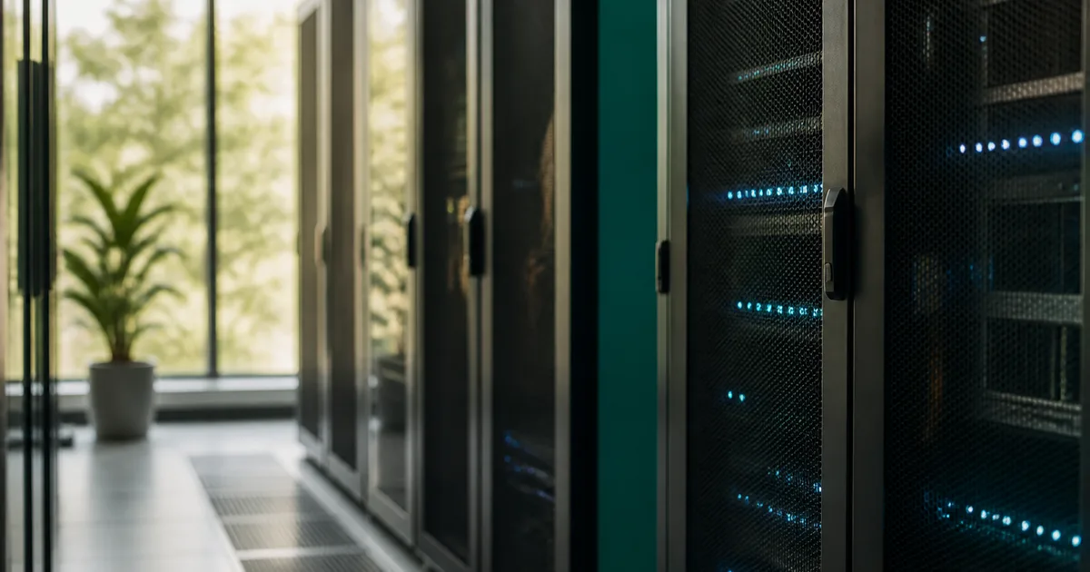 A quiet server room corridor with soft blue indicator lights