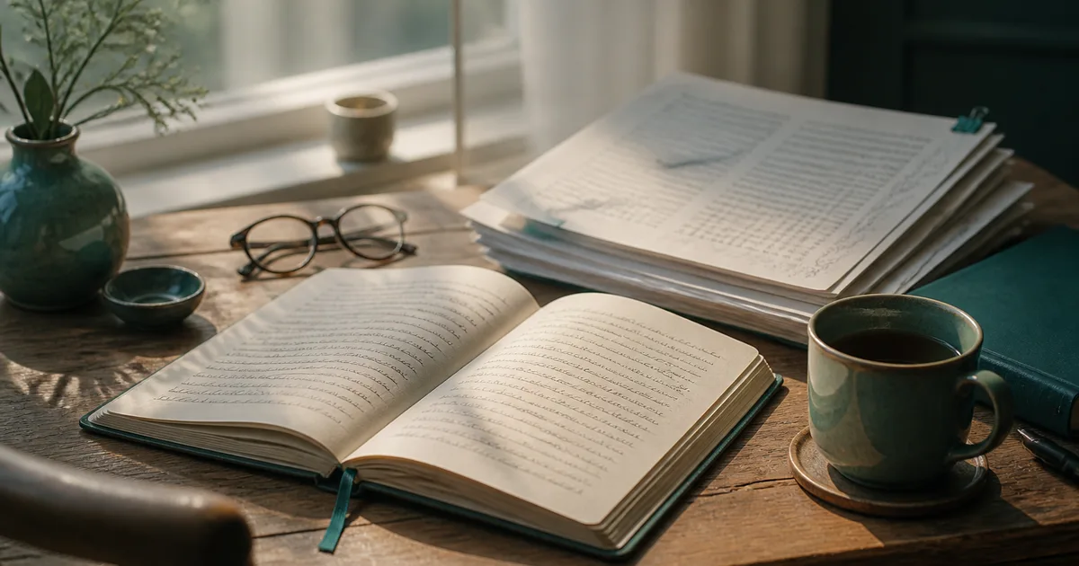 An open book on a desk beside a cup of tea and reading glasses, warm morning light
