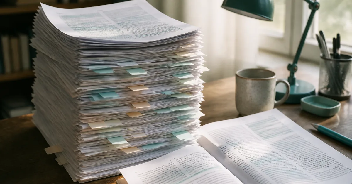 A stack of printed research papers with margin notes and a highlighter