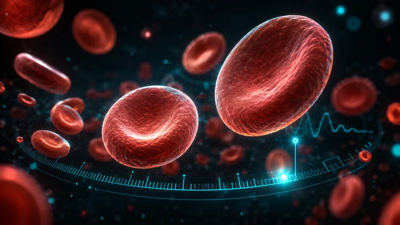 Red blood cells of different sizes on a dark background — an image of mean corpuscular volume, MCV