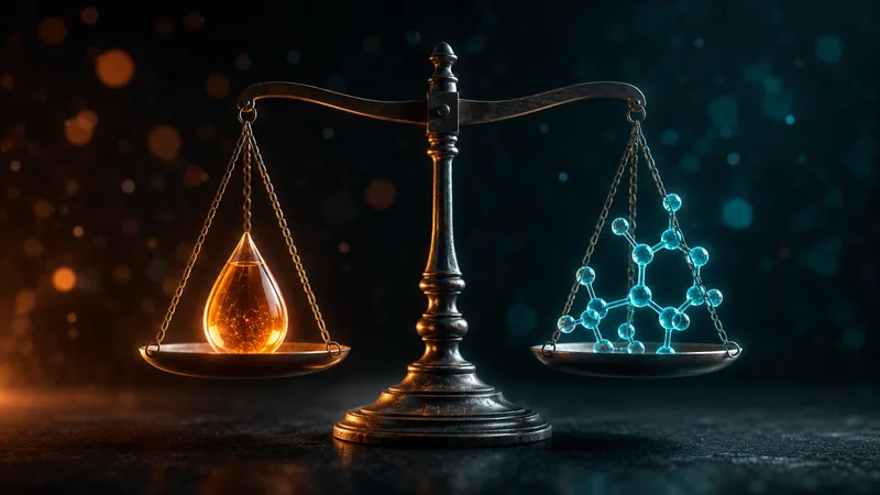 A balance weighing a drop of alcohol against a metabolic cluster — an image of choosing the cause
