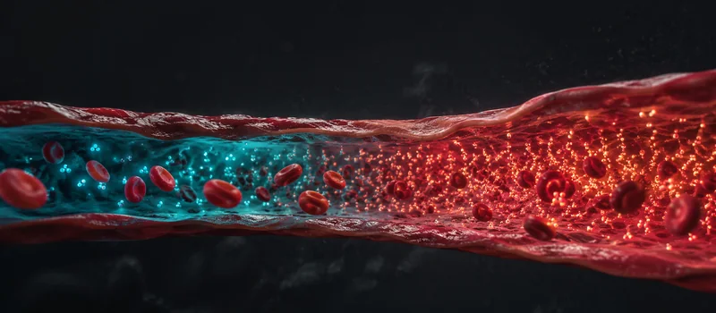 Bloodstream with glucose molecules: few on the left (normal), many on the right (high sugar)