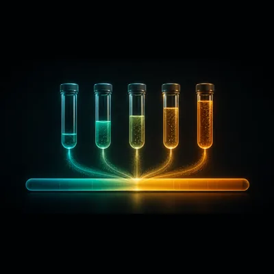 Five glowing biomarker vials converging into a turquoise-amber fibrosis stage scale on a dark background