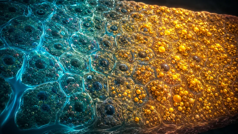 A section of liver tissue: healthy cells on the left gradually fill with droplets of fat on the right