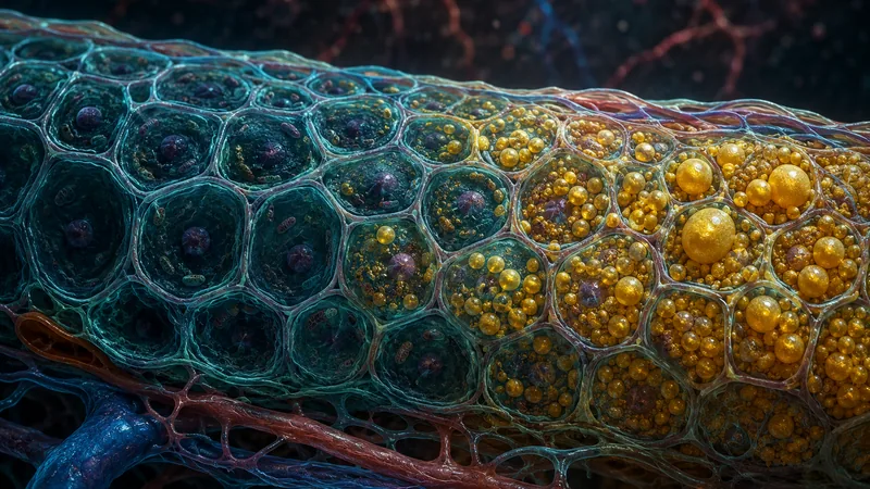 A microscopic section of liver tissue: healthy cells transition into areas with golden droplets of fat