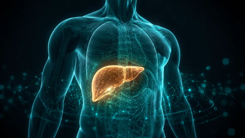 A translucent silhouette of a body with the liver highlighted and metabolic markers