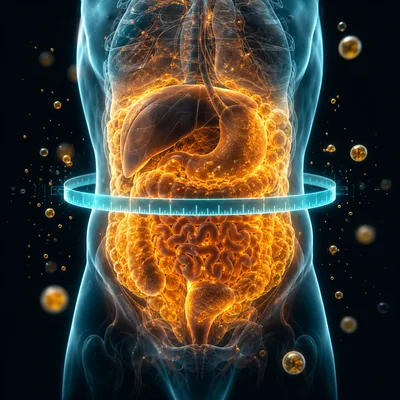 A glowing silhouette of an abdomen with highlighted visceral fat on a dark background