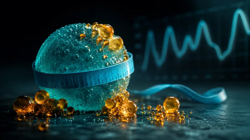 A tape measure around a glowing sphere of visceral fat and droplets of lipids