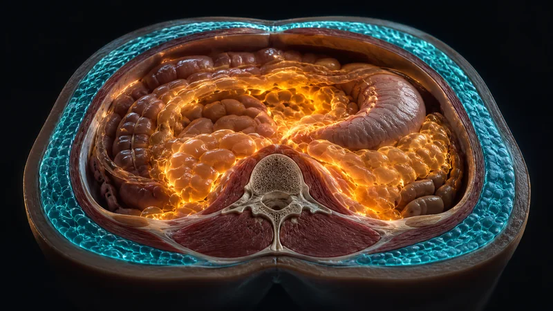 A cross-section of the abdomen: visceral fat around the organs versus a thin layer of subcutaneous fat under the skin