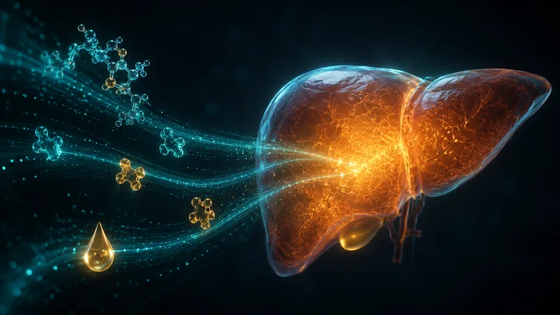 An insulin molecule, enzymes and a droplet of fat converge on the liver along turquoise threads — an image of predicting liver fat from blood tests