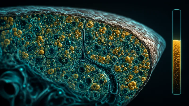 A slice of liver tissue with amber droplets of fat among turquoise hepatocytes and a fat-fraction scale
