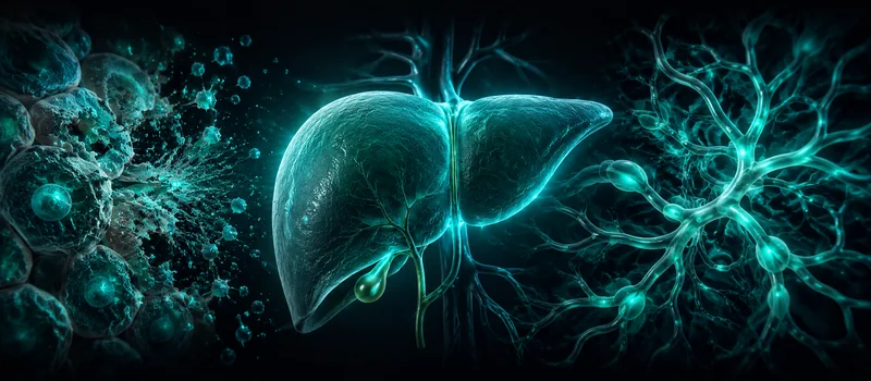 An anatomical liver glowing turquoise with particles around it on a dark background