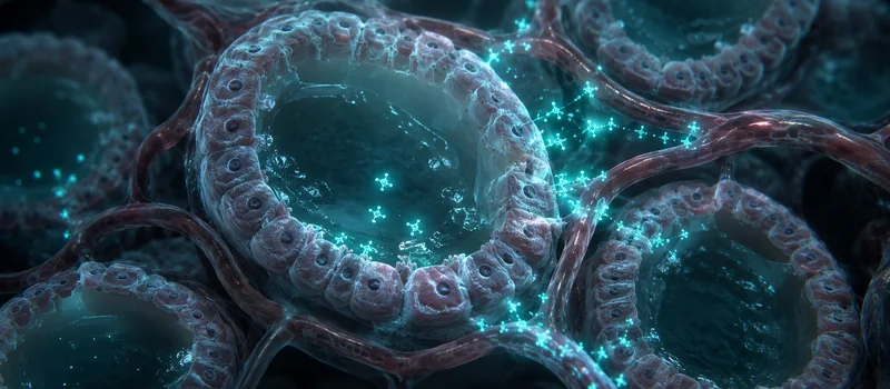 Thyroid follicles releasing thyroxine molecules into the bloodstream