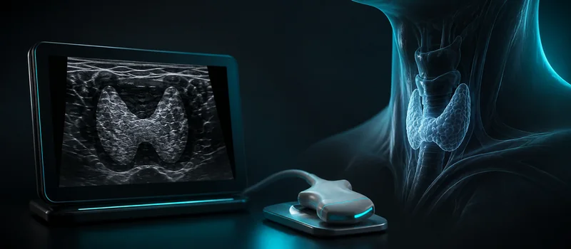 A thyroid ultrasound — a probe on the neck and the gland shown on the monitor