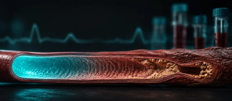 A longitudinal section of an artery: a clean elastic lumen on the left, a narrowing with a cholesterol plaque on the right